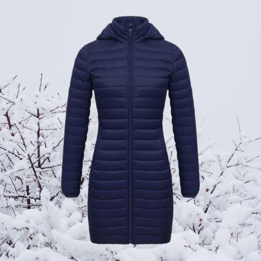 Women's lightweight long hooded winter parka in navy