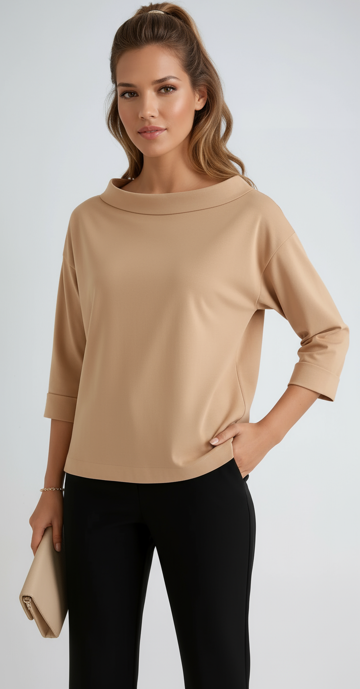 Cotton Boat Neck Top | Relaxed 3/4 Sleeve Top