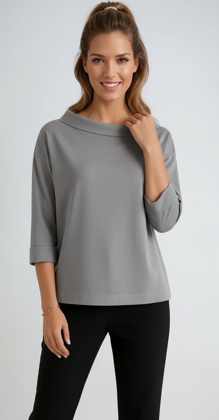 Cotton Boat Neck Top | Relaxed 3/4 Sleeve Top