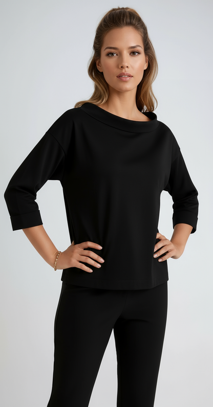Cotton Boat Neck Top | Relaxed 3/4 Sleeve Top