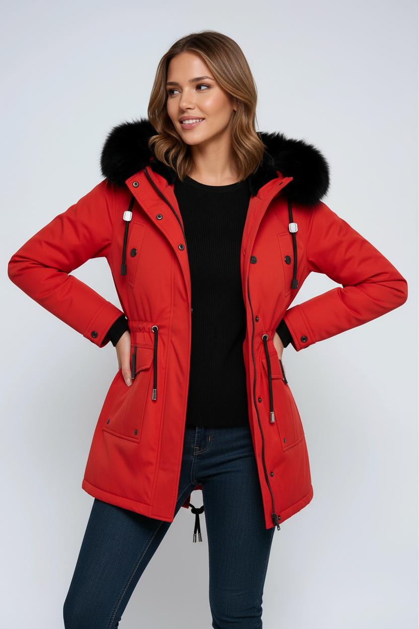 Linen Parka Coat | Winter Jacket with Faux Fur Hood