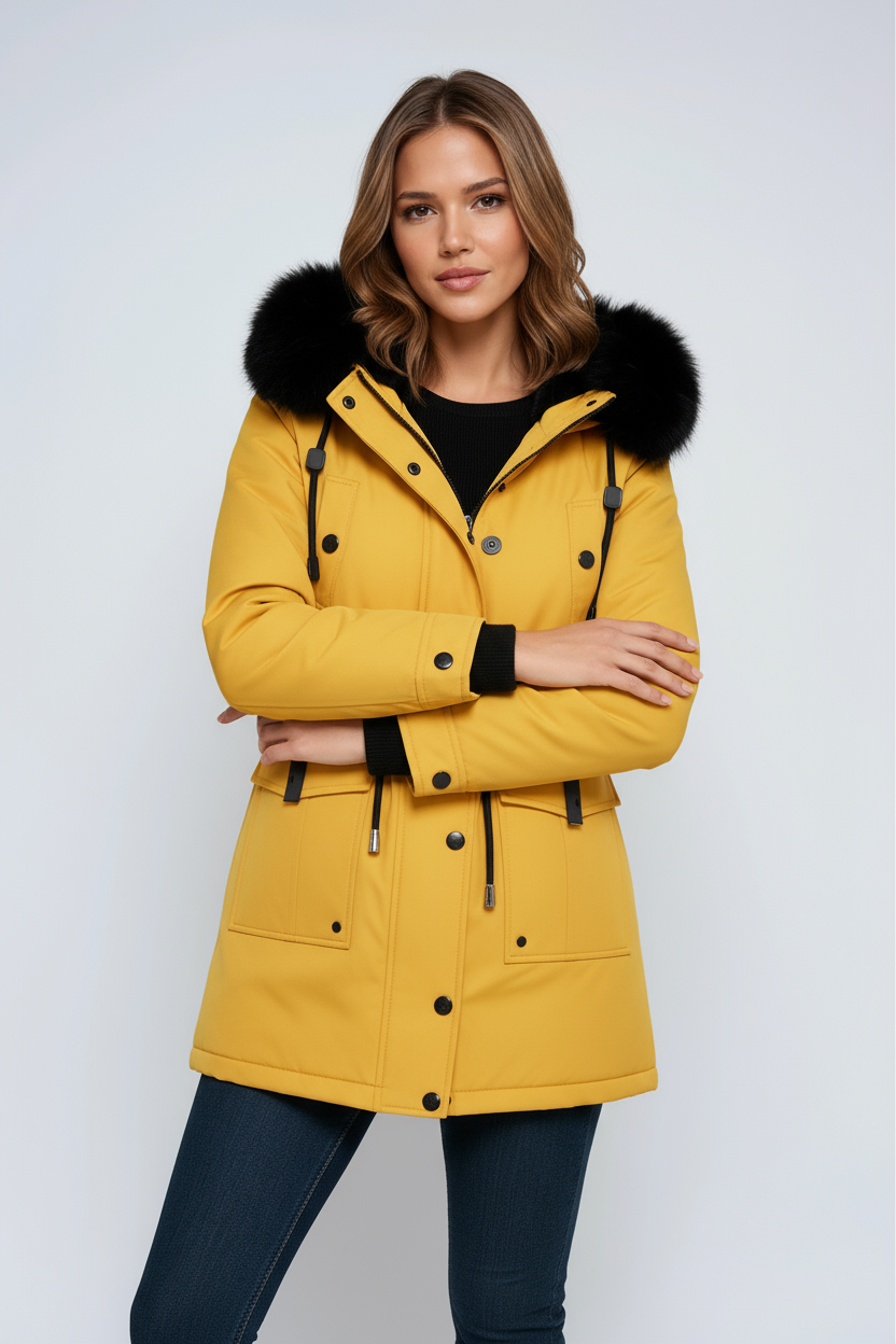 Linen Parka Coat | Winter Jacket with Faux Fur Hood