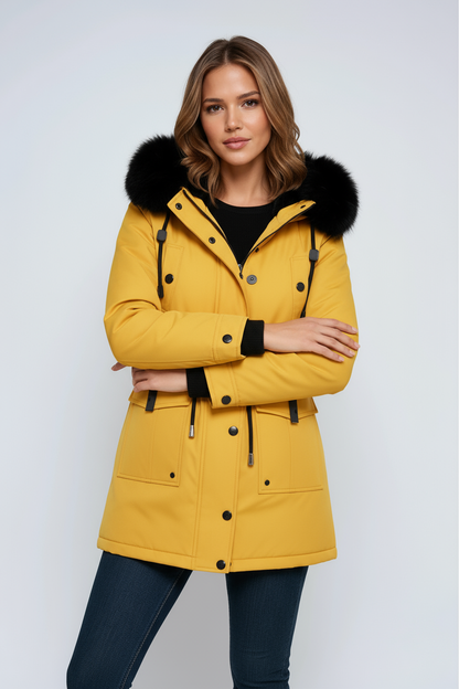 Linen Parka Coat | Winter Jacket with Faux Fur Hood