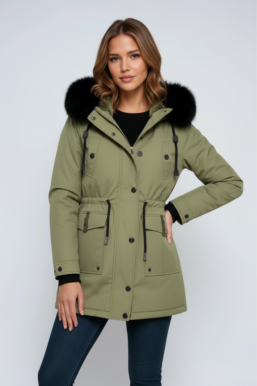 Linen Parka Coat | Winter Jacket with Faux Fur Hood