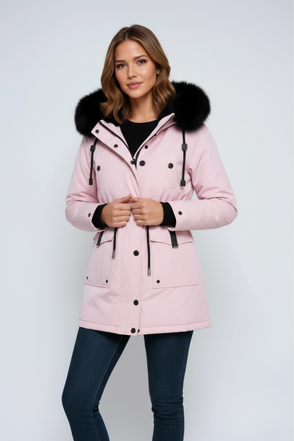 Linen Parka Coat | Winter Jacket with Faux Fur Hood