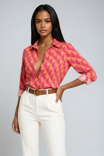 Linen Geometric Print Blouse | Button-Up 3/4 Sleeve Top