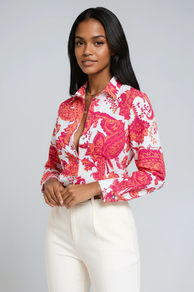 Linen Geometric Print Blouse | Button-Up 3/4 Sleeve Top