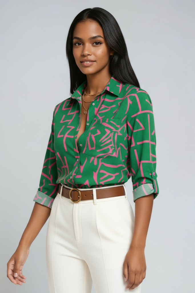 Linen Geometric Print Blouse | Button-Up 3/4 Sleeve Top