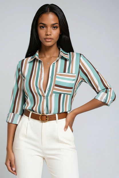 Linen Geometric Print Blouse | Button-Up 3/4 Sleeve Top