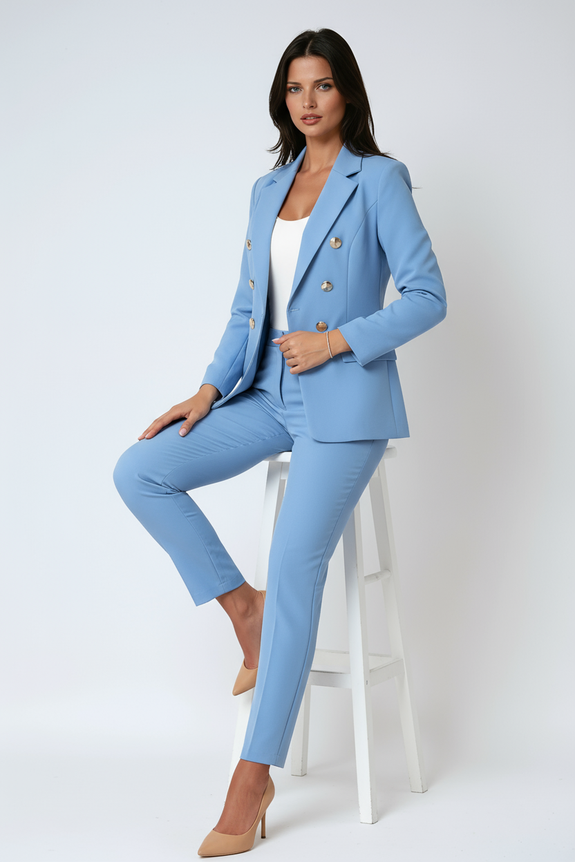 Linen Double-Breasted Blazer Suit Set | Two-Piece
