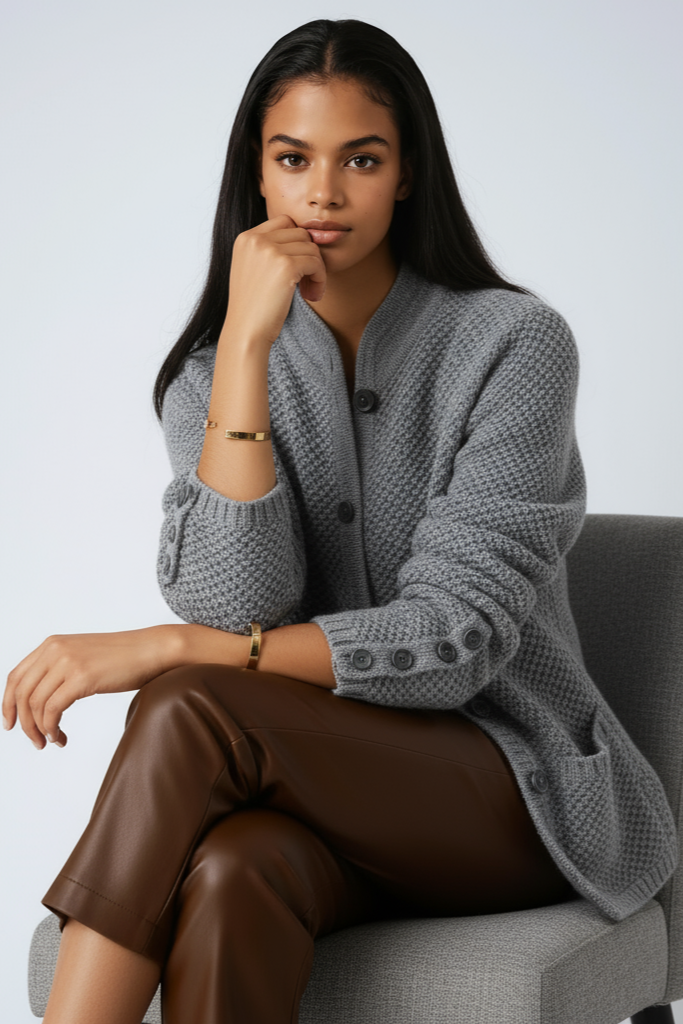 Women's wool cardigan with button-front closure and stand collar knit jacket