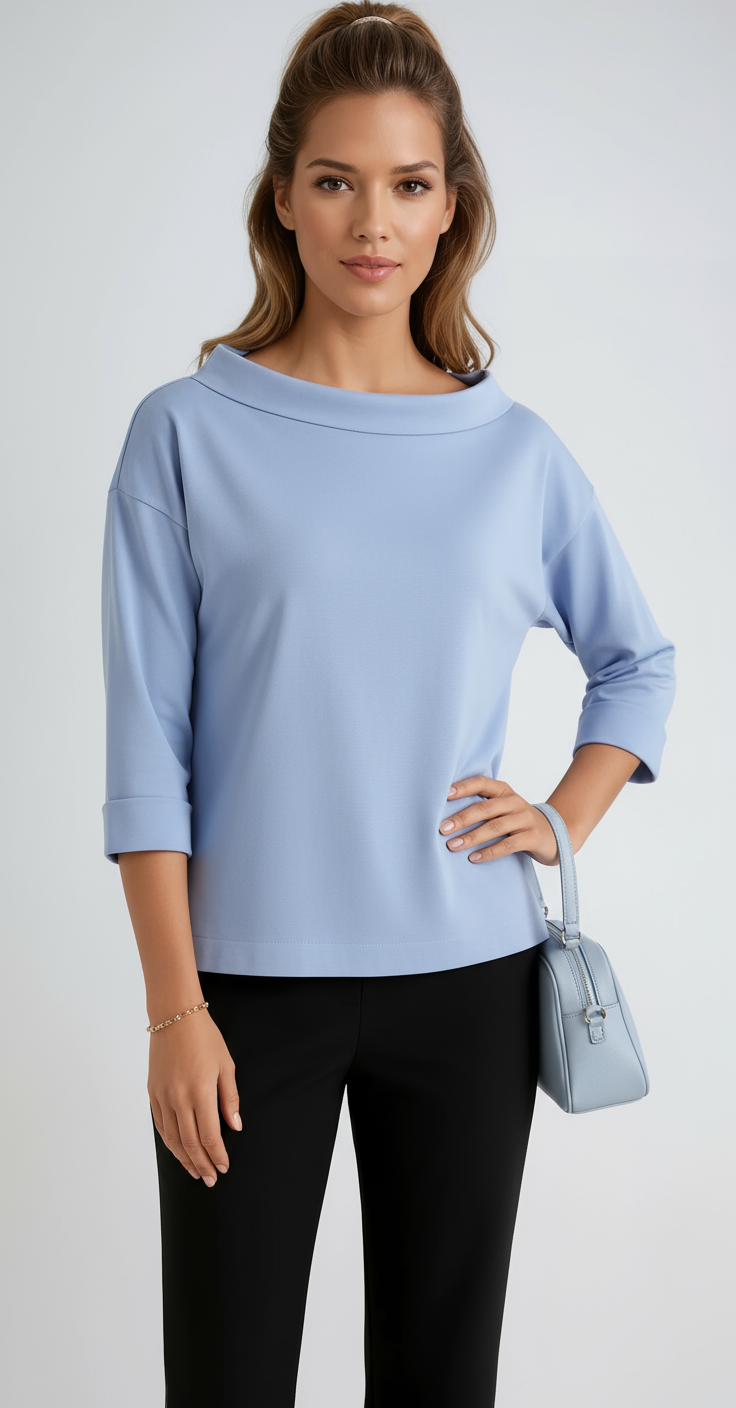 Cotton Boat Neck Top | Relaxed 3/4 Sleeve Top
