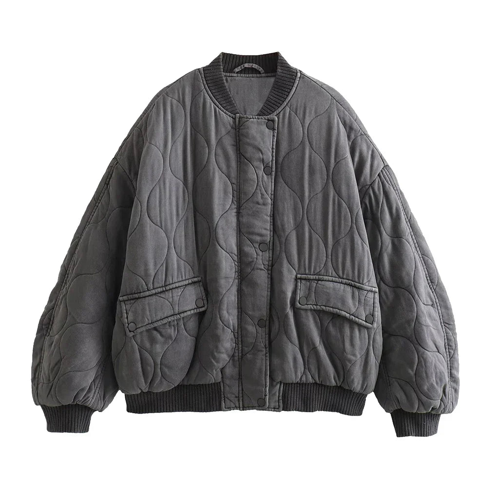 Women's Bomber Jacket | Oversized Grey Quilted Jacket