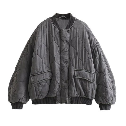 Women's Bomber Jacket | Oversized Grey Quilted Jacket