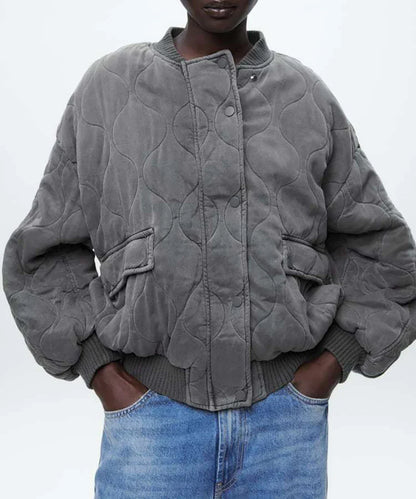 Women's Bomber Jacket | Oversized Grey Quilted Jacket