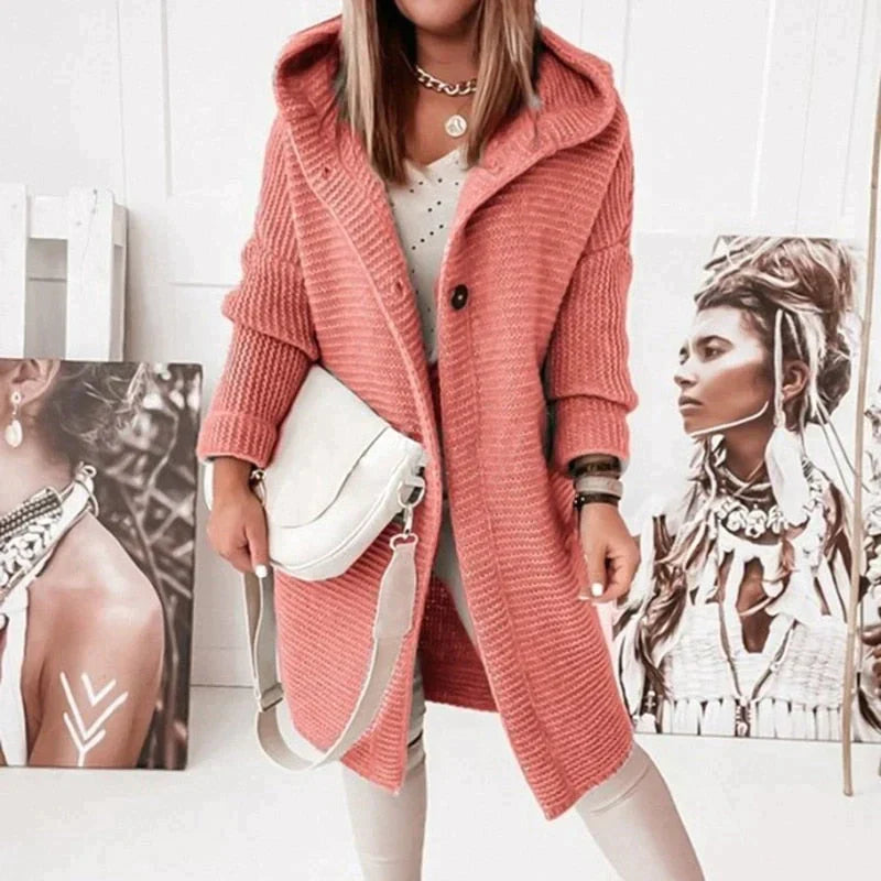 Women's long hooded knit cardigan coatigan
