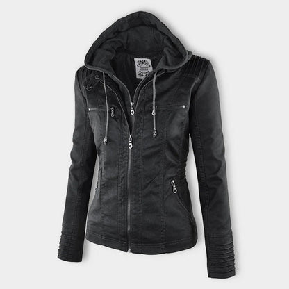 Women's Jacket | Faux Leather Hooded Biker Jacket