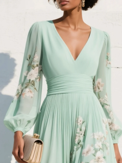 Chiffon Dress | Floral V-Neck Midi Dress
