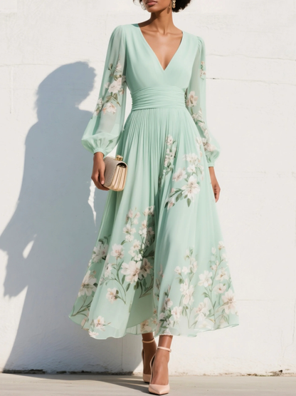 Women's floral V-neck chiffon midi dress