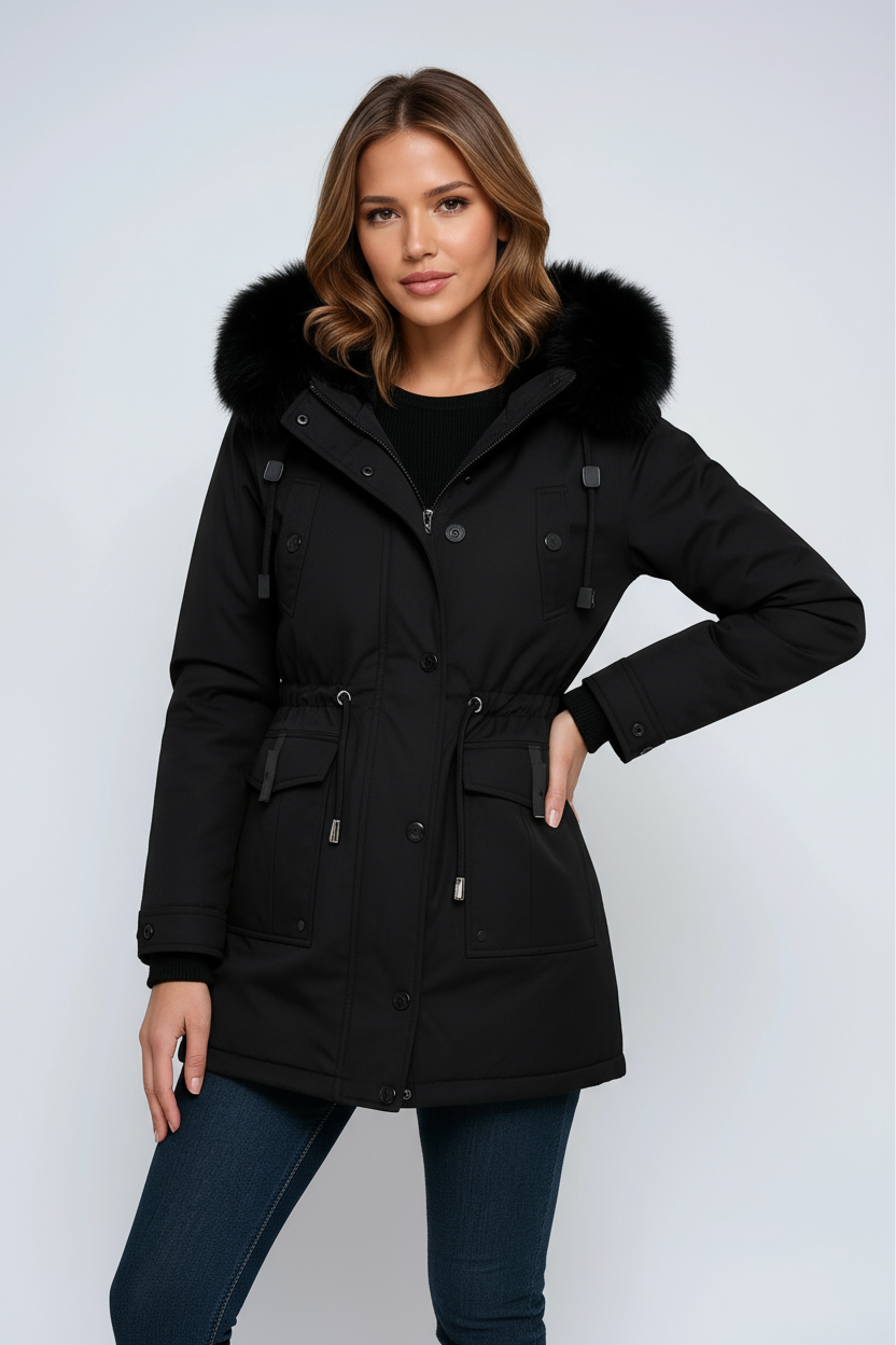 Linen Parka Coat | Winter Jacket with Faux Fur Hood