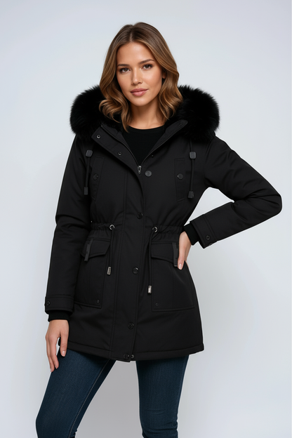 Linen Parka Coat | Winter Jacket with Faux Fur Hood