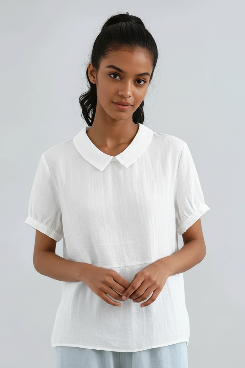 Linen Peter Pan Collar Blouse | Short Sleeve Top