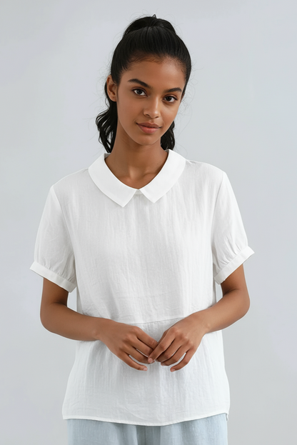 Linen Peter Pan Collar Blouse | Short Sleeve Top