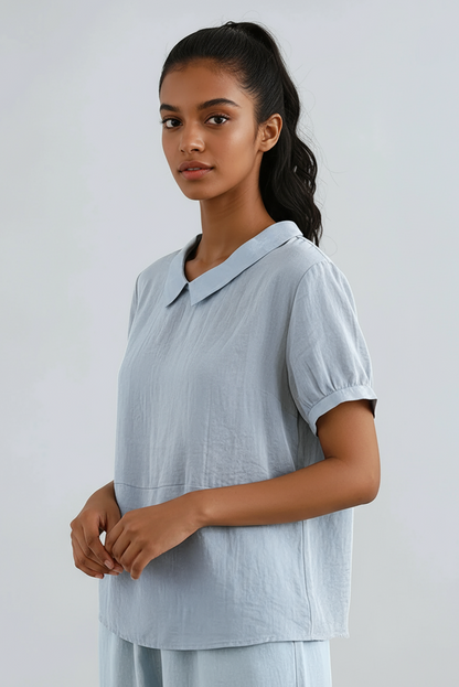 Linen Peter Pan Collar Blouse | Short Sleeve Top