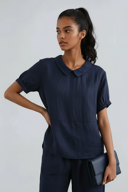 Linen Peter Pan Collar Blouse | Short Sleeve Top