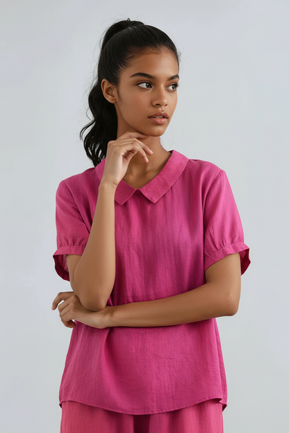 Linen Peter Pan Collar Blouse | Short Sleeve Top