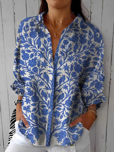 Women's Blouse | Blue Floral Garden Print Blouse