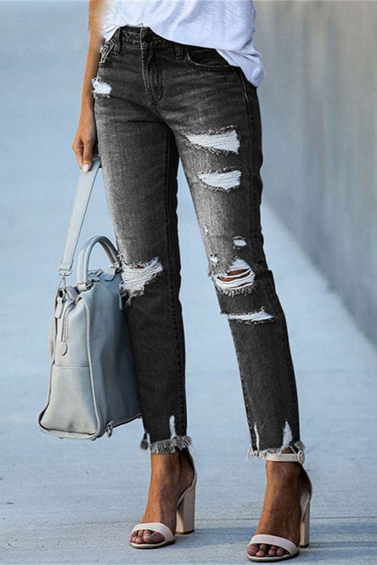 Distressed Straight Leg Jeans | Raw Hem Denim