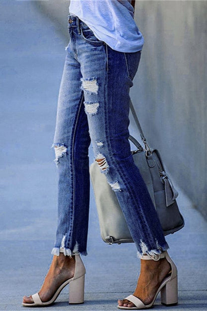 Distressed Straight Leg Jeans | Raw Hem Denim