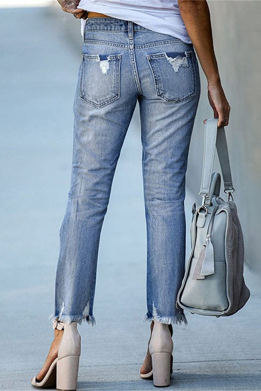 Distressed Straight Leg Jeans | Raw Hem Denim
