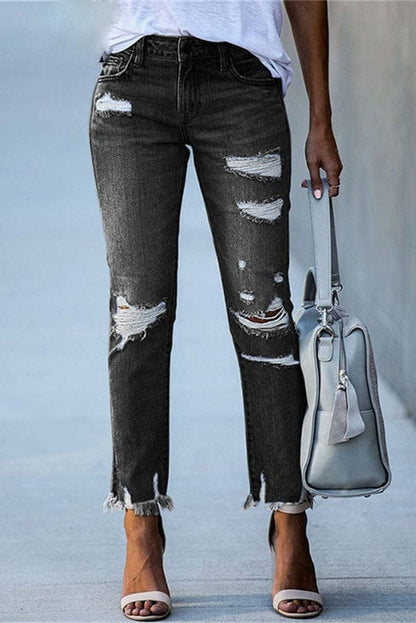 Distressed Straight Leg Jeans | Raw Hem Denim