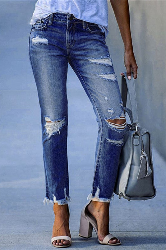Distressed Straight Leg Jeans | Raw Hem Denim