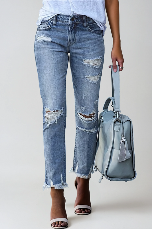 Women's distressed straight-leg jeans with raw hem