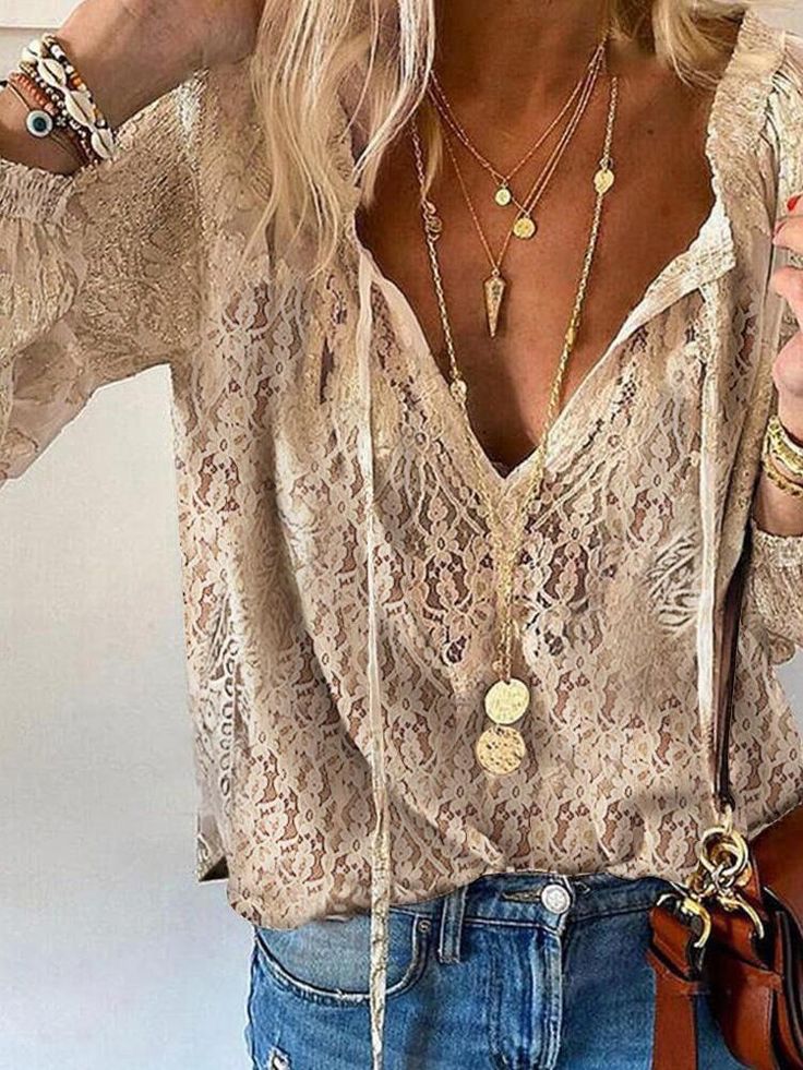Women's linen boho blouse with lace V-neck