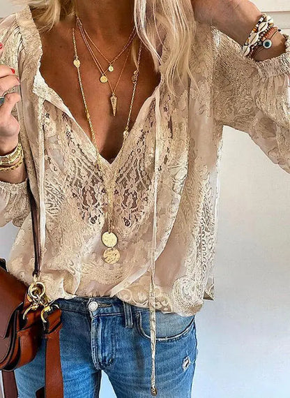 Linen Boho Blouse | Lace V-Neck Relaxed Top