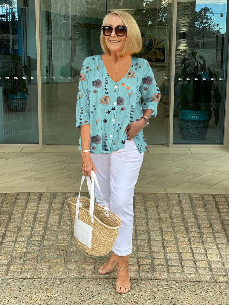Floral Blouse | V-Neck Three-Quarter Sleeve Linen Top