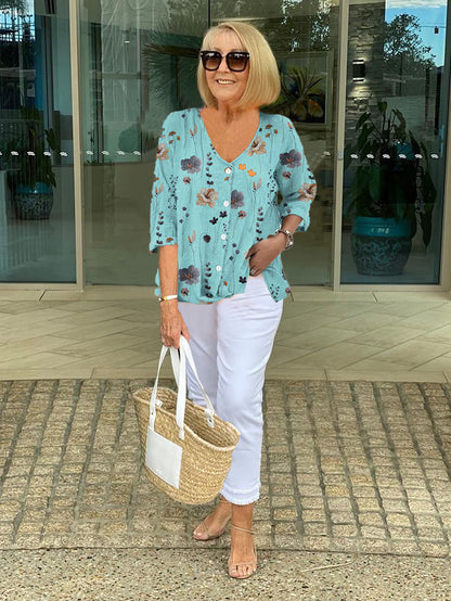 Floral Blouse | V-Neck Three-Quarter Sleeve Linen Top