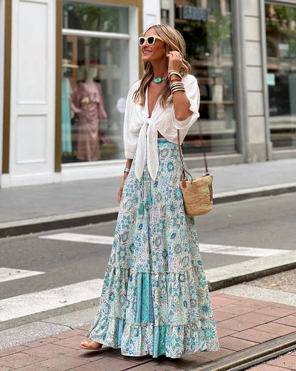 Women's printed A-line swing dress in light blue