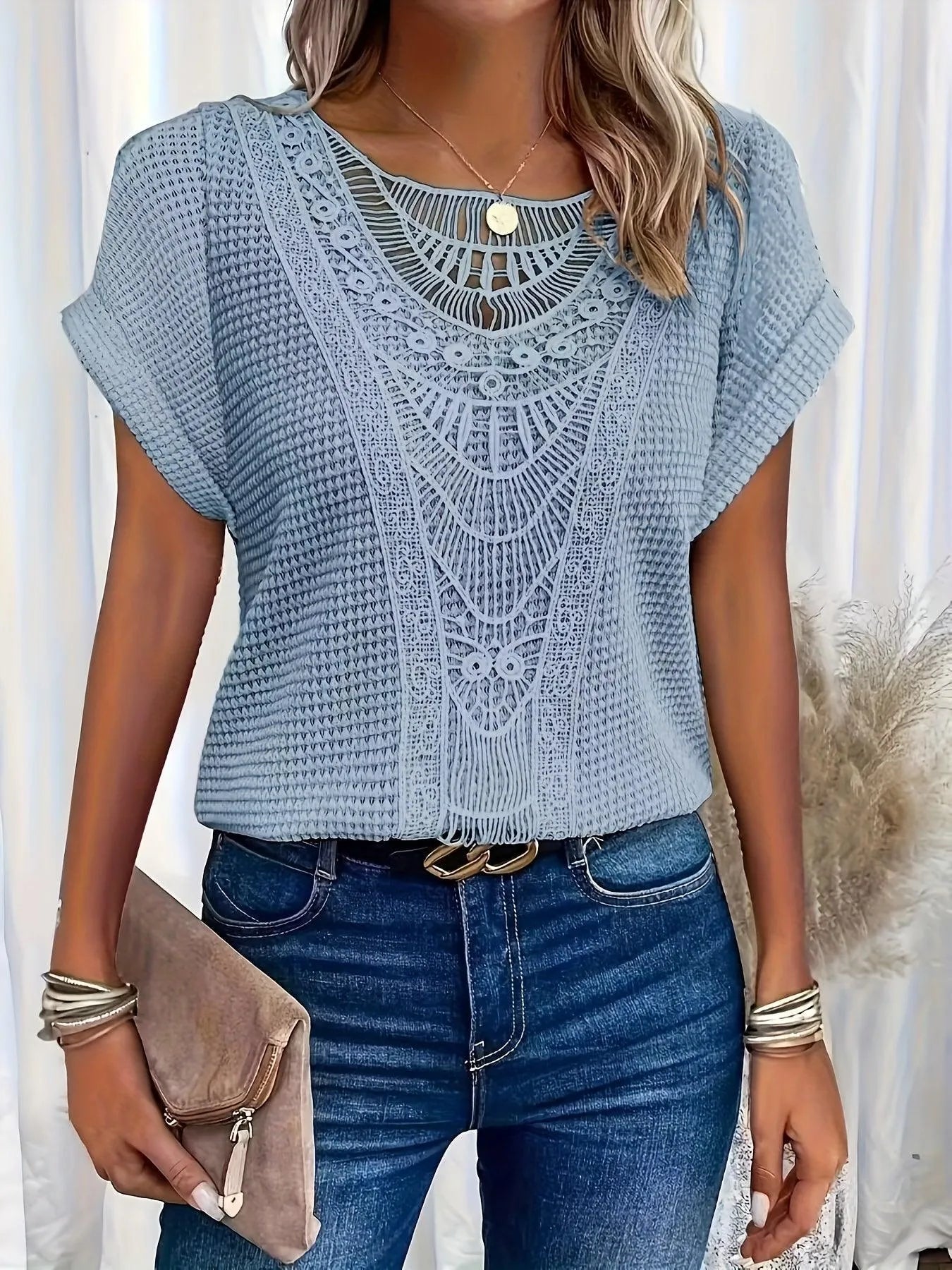 Lace Top | Knit Lace-Panel Blouse