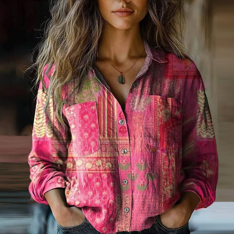 Blouse | Bohemian Vintage Print Collared Top