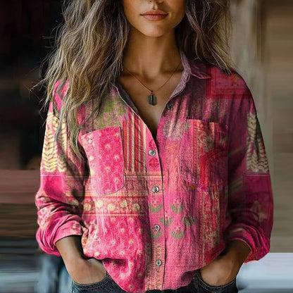 Blouse | Bohemian Vintage Print Collared Top