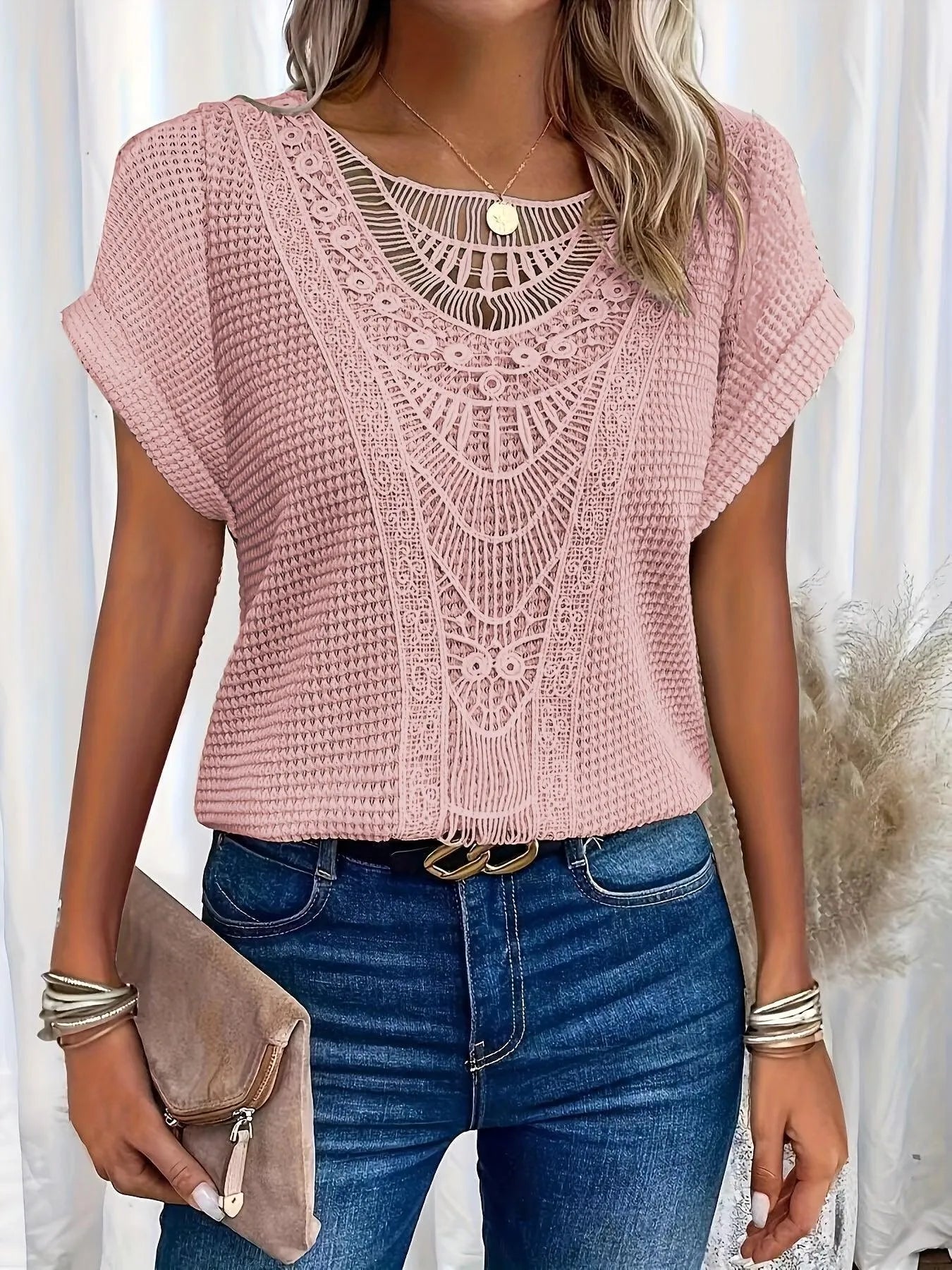 Lace Top | Knit Lace-Panel Blouse