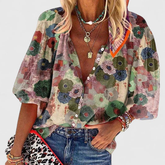 Floral button-front long-sleeve blouse