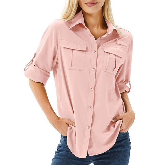 Women's UPF 50 long-sleeve hiking shirt in blue