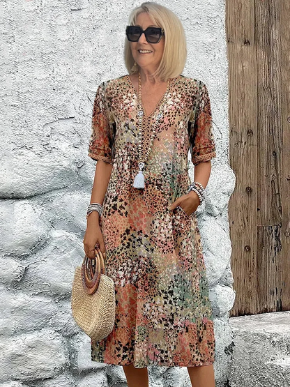 Midi Dress | Colourful Linen Dress with Pockets