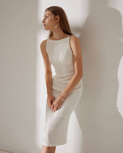 Women's textured pearl-strap cami midi dress in white